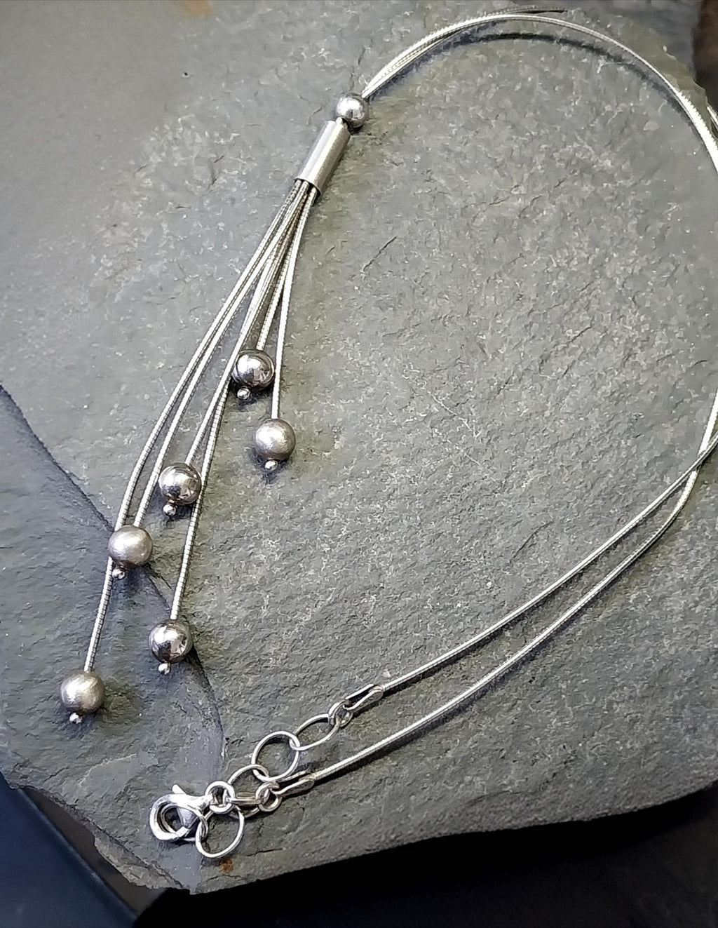 Sterling Silver Necklace, Multi Strand with Spherical beads 16" - 18" Chain - 10.6g