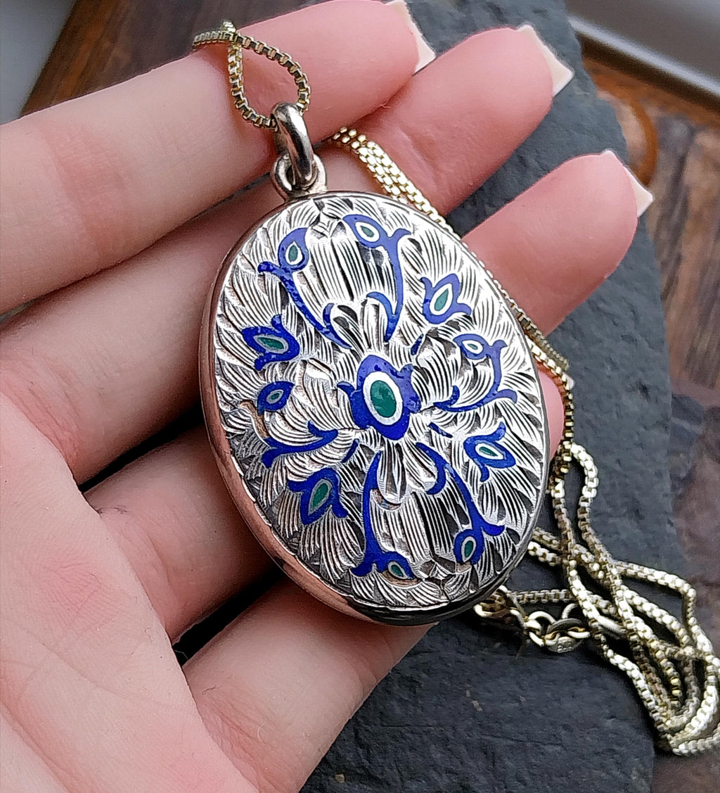 Large Locket Necklace by Danish Echri Cameer, Blue Enamel on 20" chain - 19.7g