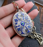 Large Locket Necklace by Danish Echri Cameer, Blue Enamel on 20" chain - 19.7g