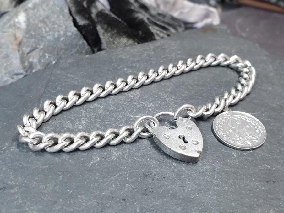 Vintage SILVER LINK BRACELET with 1885 3 Pence Coin Charm 17cm - 19.1g