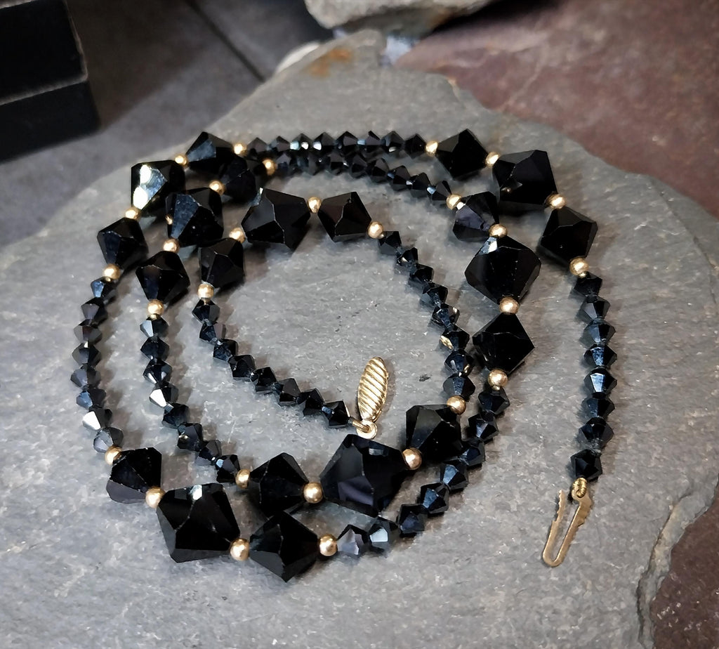 Vintage Jet Black Bead Necklace with 9ct gold spacers - 20" - 21.2g