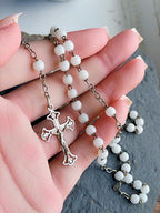 Vintage White MOP ROSARY Beads - Small Vintage Old Prayer Beads and crucifix - 15"