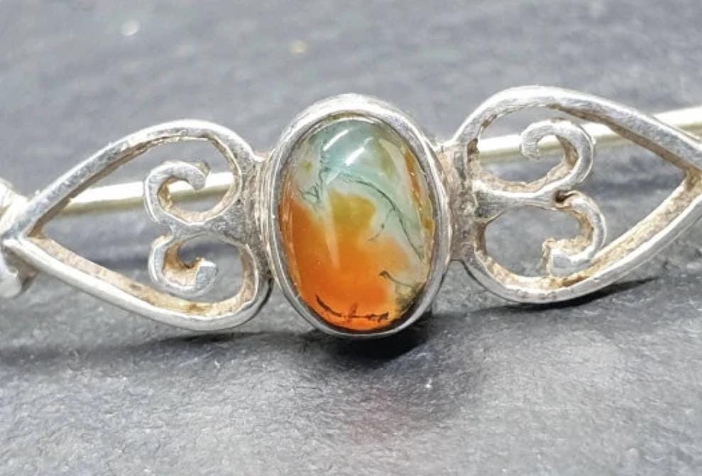 Vintage SILVER Moss Agate Bar Brooch - Sterling Silver - 3g