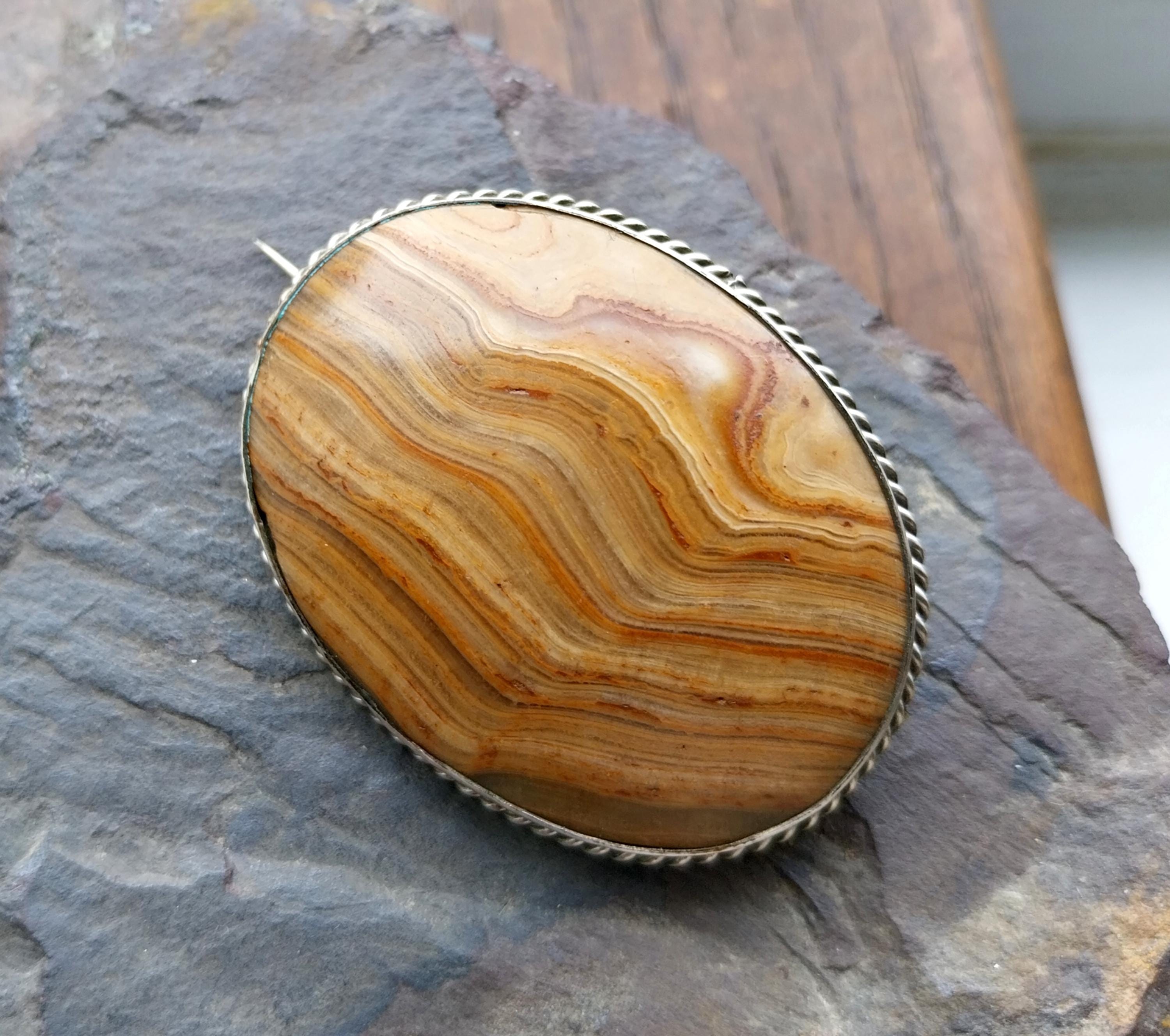 Antique Silver Banded JASPER Landscape Agate Brooch - Victorian - 18.4g