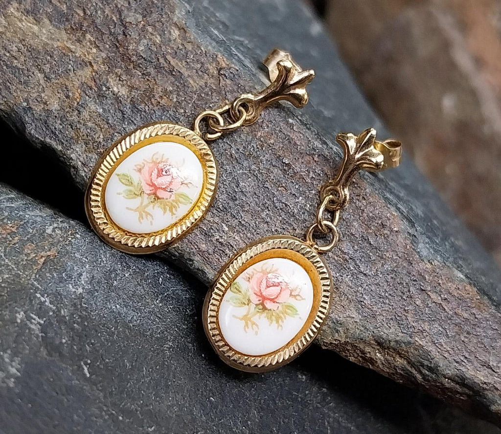 Vintage 9ct Gold Pink Rose EARRINGS - Dangly - 1g