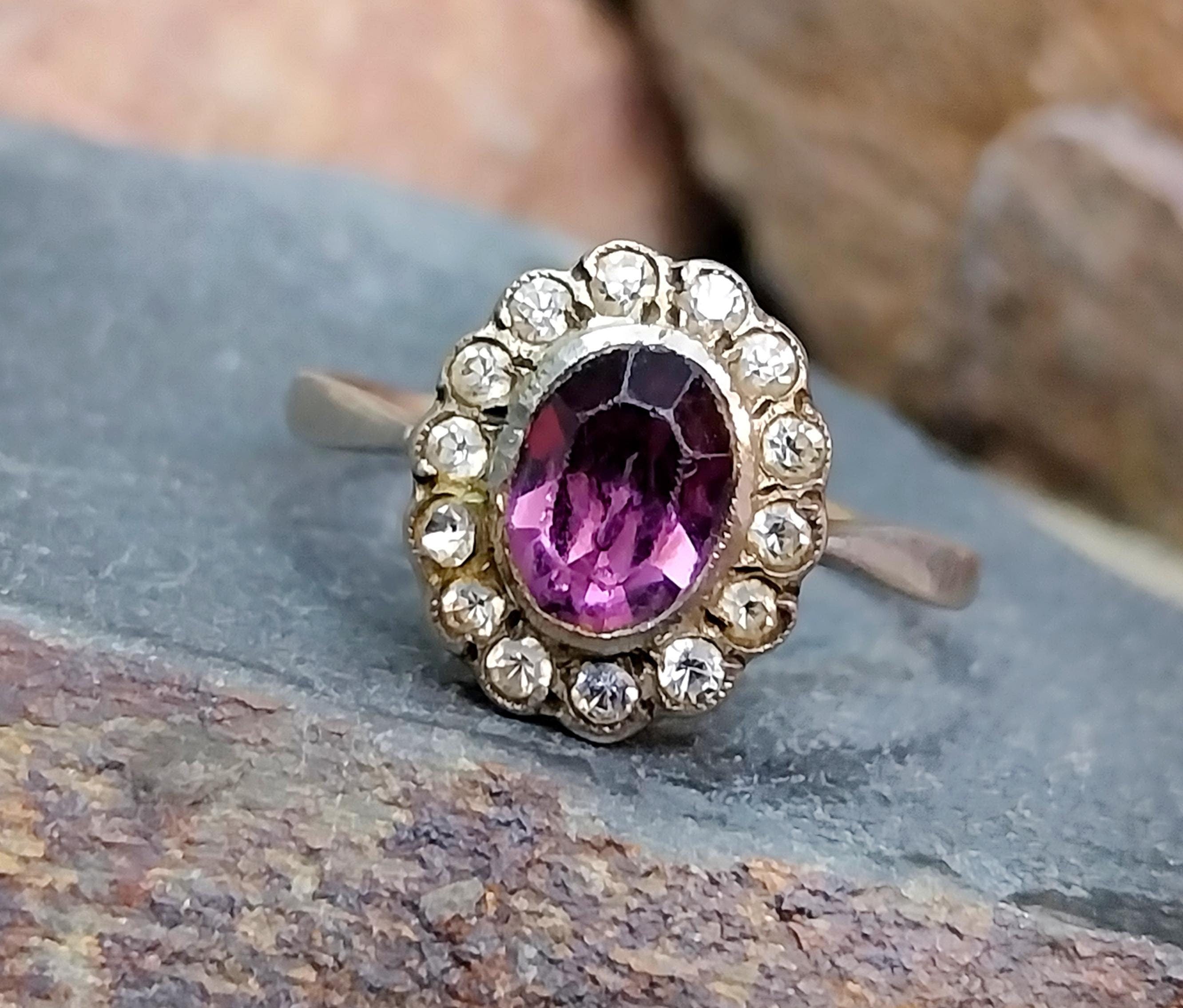 Vintage 9ct Gold & Silver Amethyst Ring - Art Deco with paste stones - Size uk U (us 10) - 2.6g