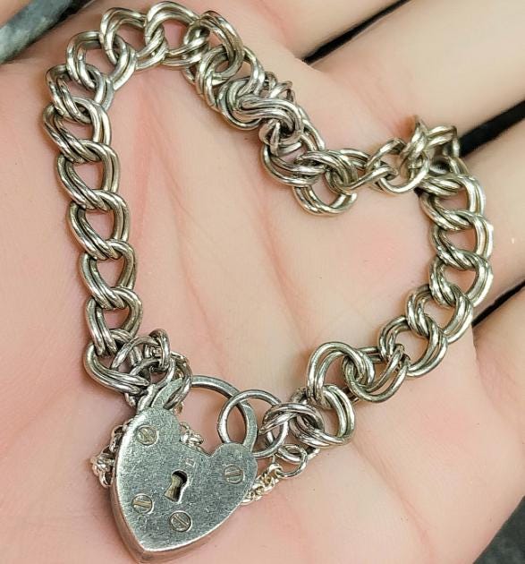 Vintage SILVER Double LINK BRACELET with Padlock Lock Clasp c 1980 - 17cm - 13.7g