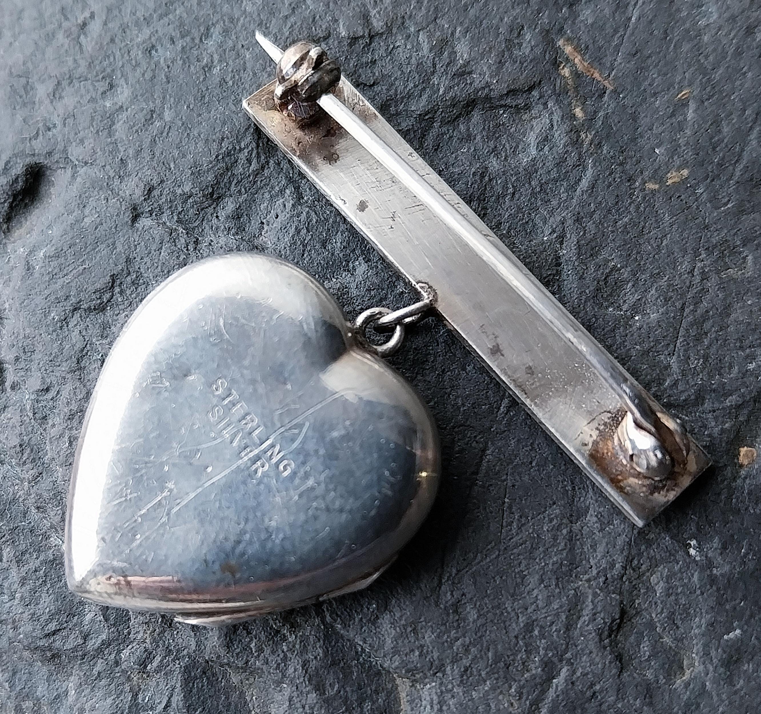 Antique Locket Brooch, Sweetheart Pin, Sterling Silver - 7g