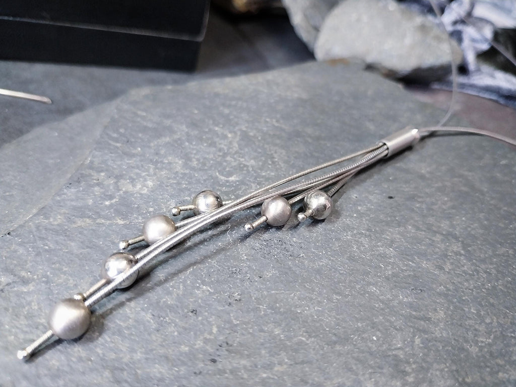 Sterling Silver Necklace, Multi Strand with Spherical beads 16" - 18" Chain - 10.6g
