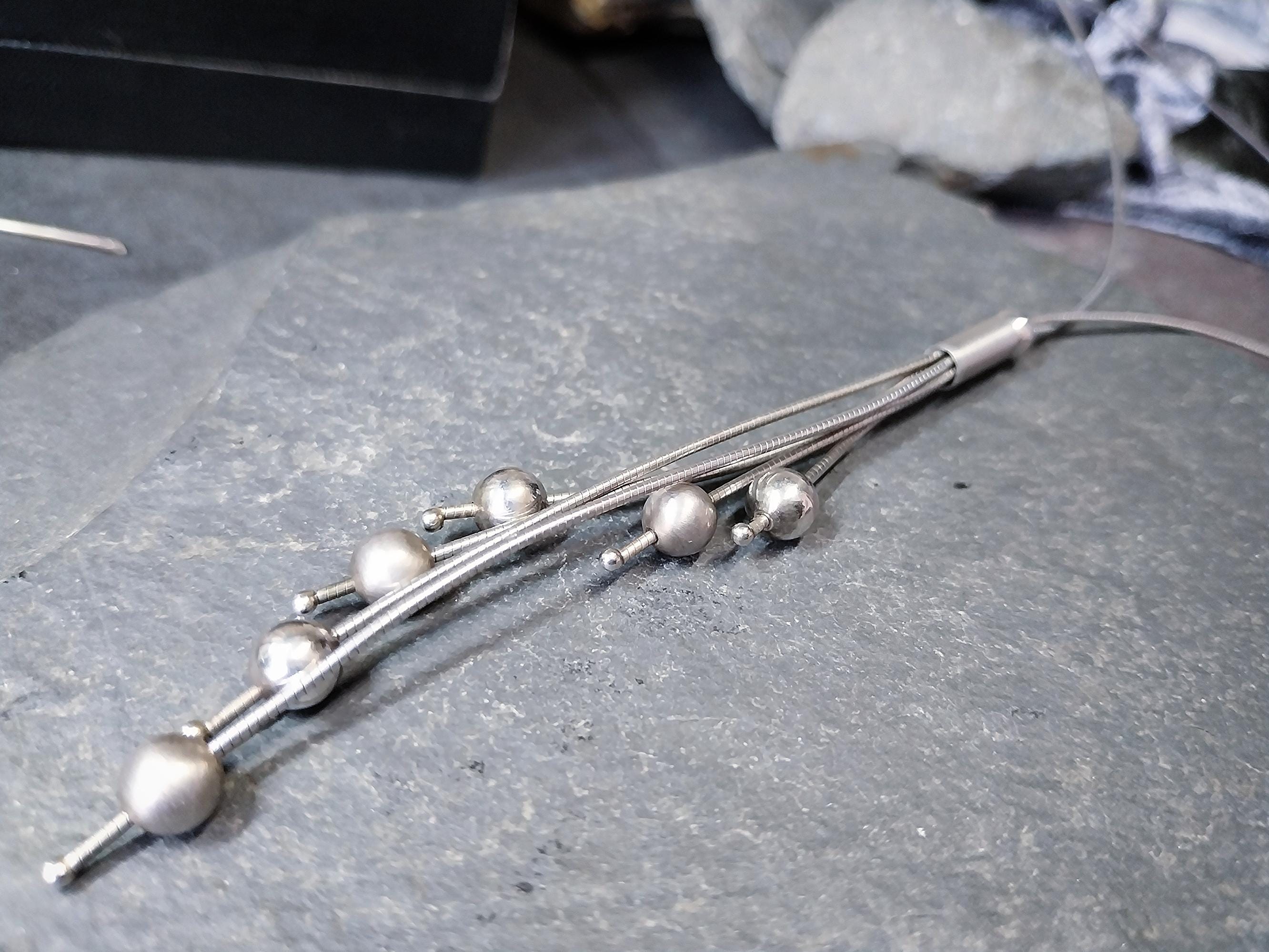 Sterling Silver Necklace, Multi Strand with Spherical beads 16" - 18" Chain - 10.6g