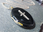VICTORIAN Black Enamel LOCKET with Silver Cross - on 20" Chain - 15.5g