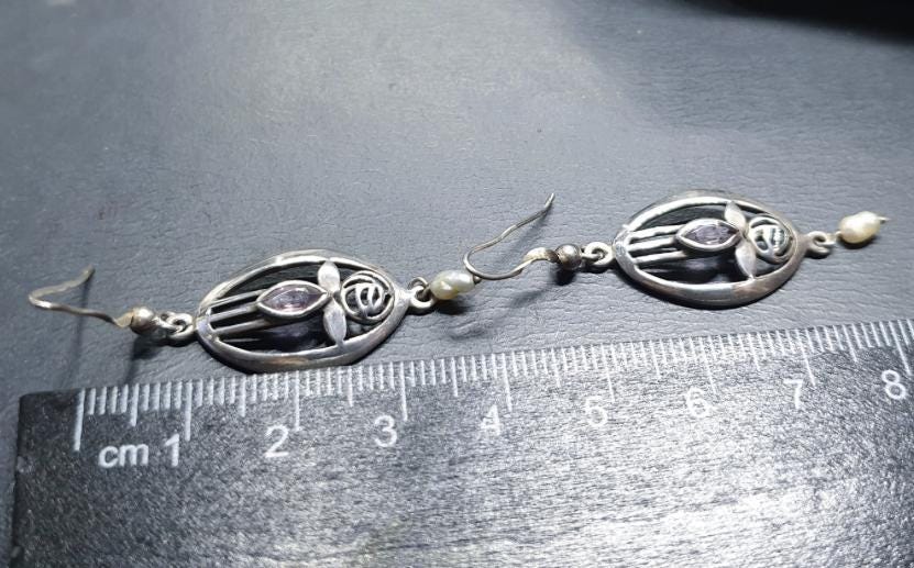 Sterling Silver CELTIC ROSE Dangle Earrings - with Purple amethyst Stone - 4.2g