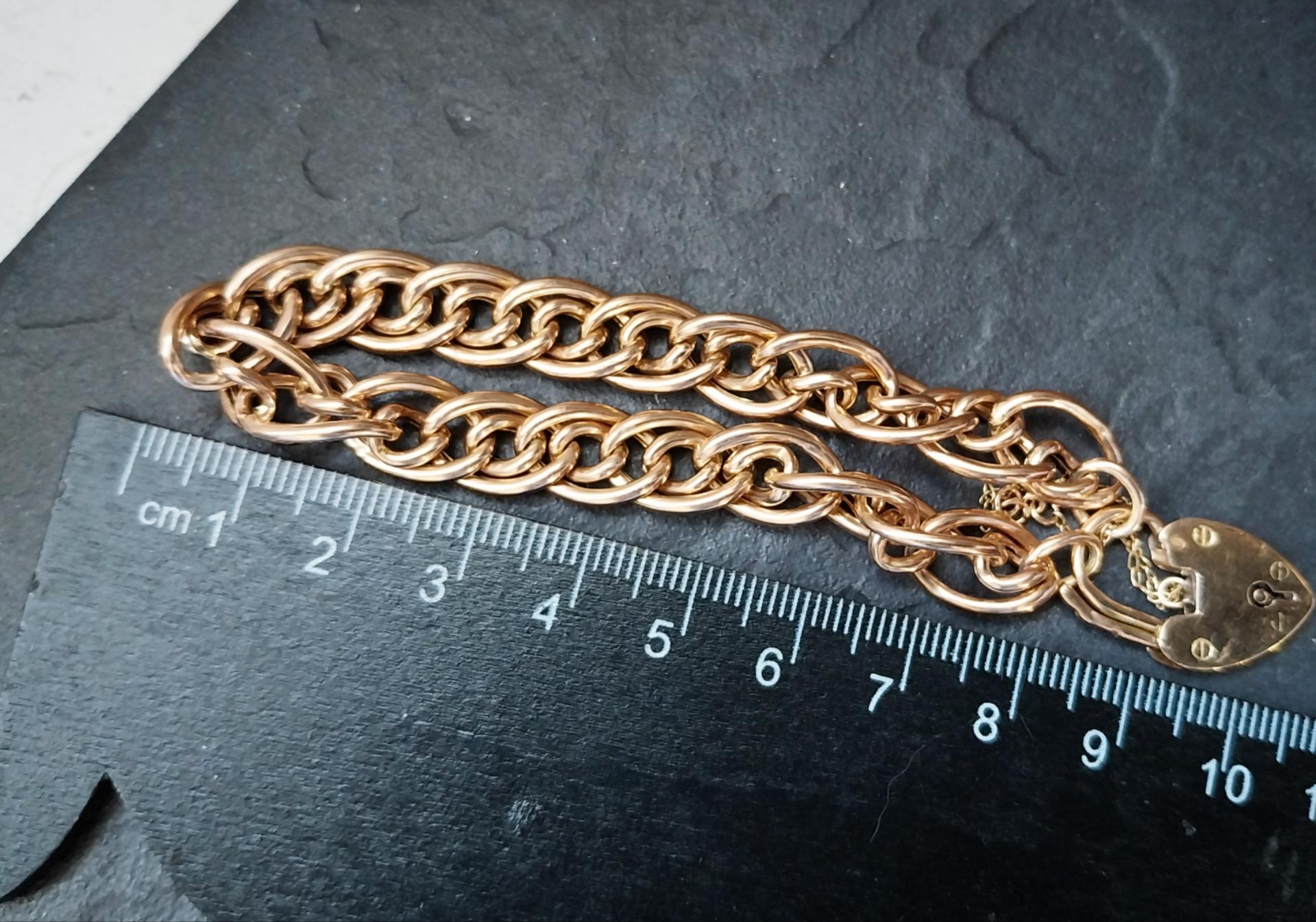 Antique 9ct Rose GOLD MULTI-LINK Bracelet & Heart Padlock Clasp - 13.4g