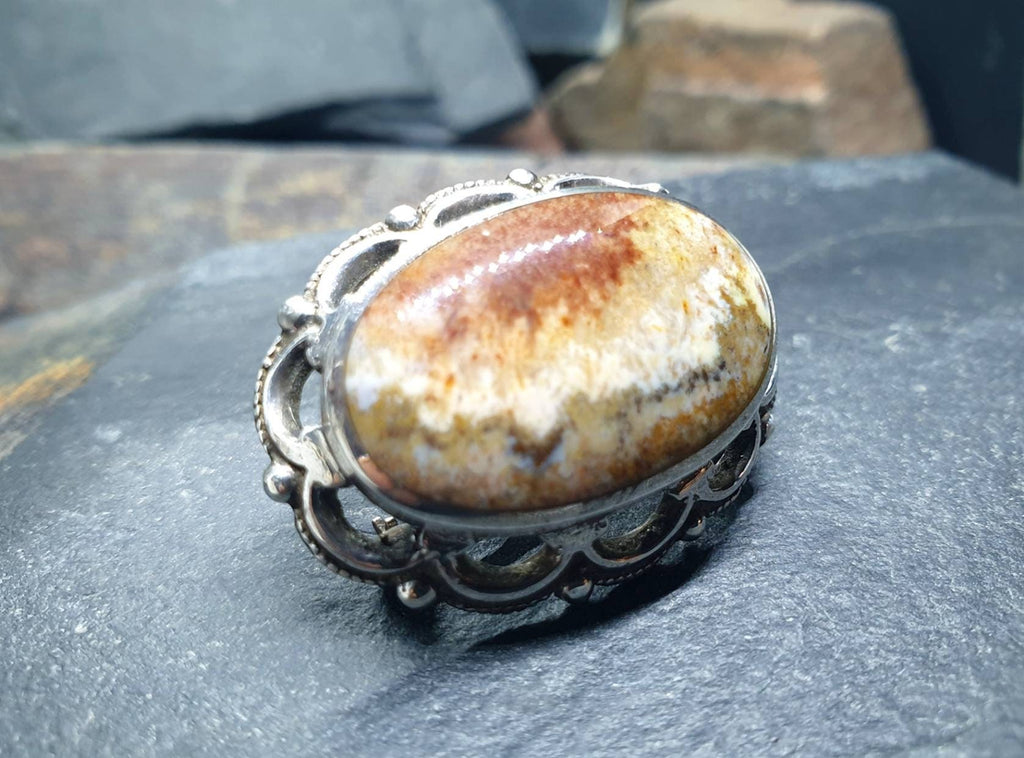 Vintage Agate Sandscape Brooch - Art Deco Sterling Silver - 8.4g