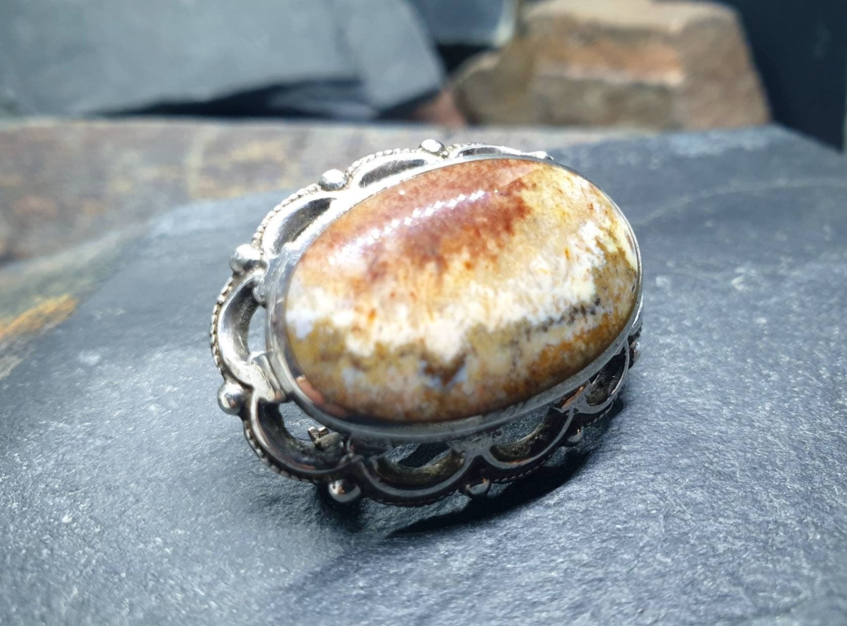 Vintage Agate Sandscape Brooch - Art Deco Sterling Silver - 8.4g