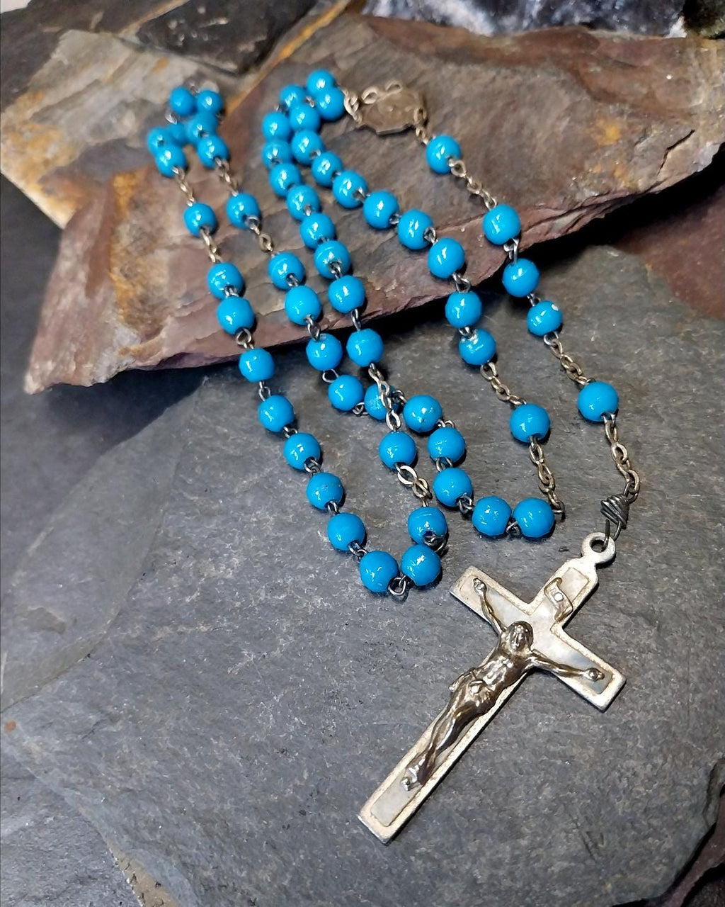 Vintage French BLUE ROSARY Beads, Old Prayer Beads and crucifix - 24" - 23g