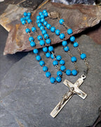 Vintage French BLUE ROSARY Beads, Old Prayer Beads and crucifix - 24" - 23g