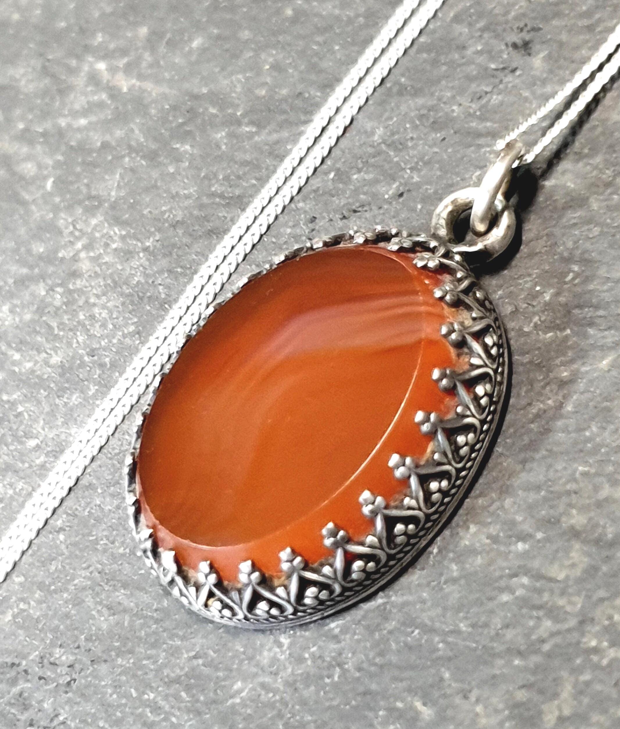 Antique Carnelian Agate  Pendant Necklace  on  20" Chain - 6.9g
