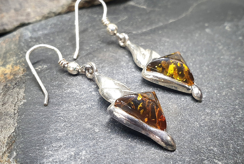 Vintage Sterling Silver AMBER EARRINGS - Dangling  - 4.6g