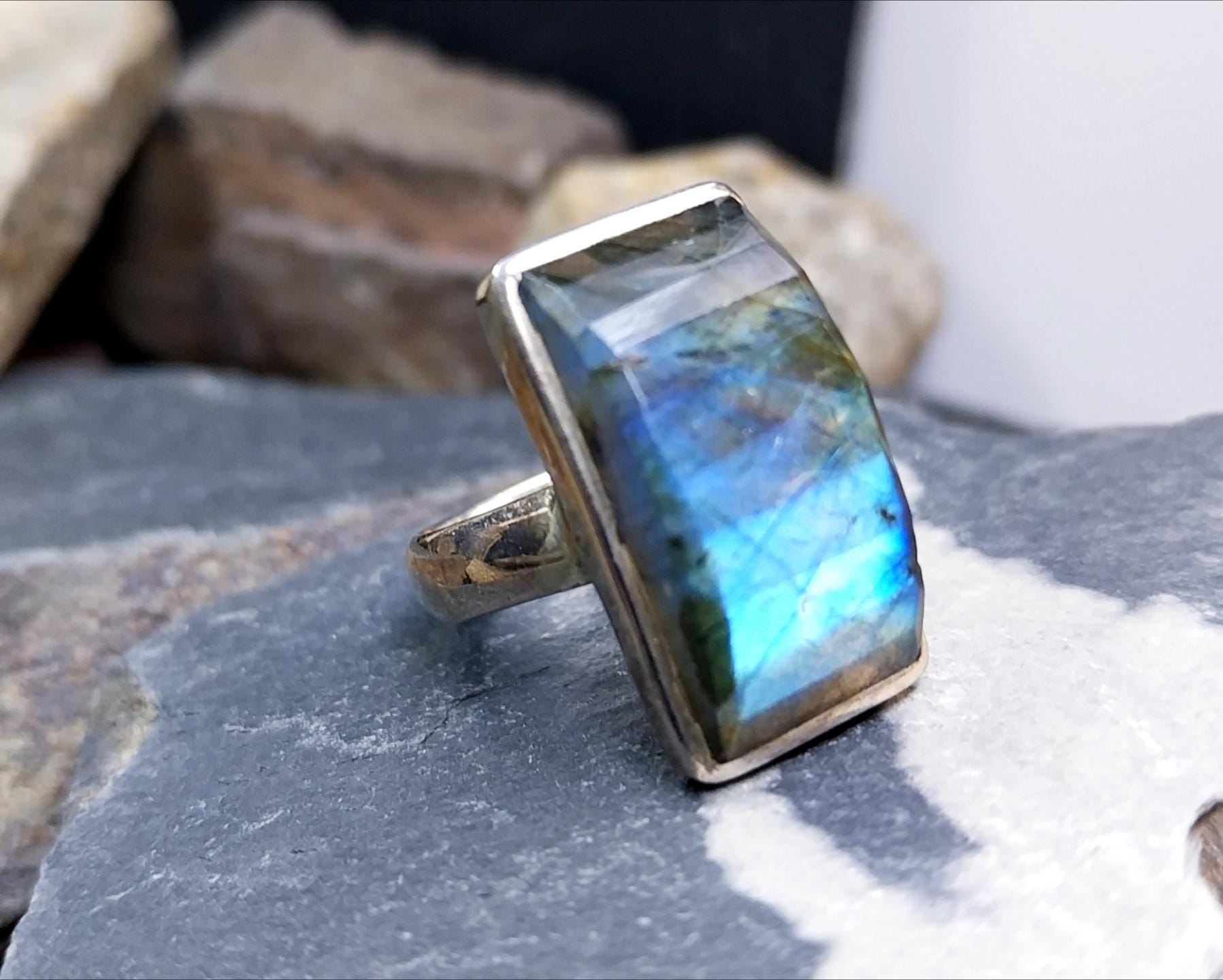 Vintage Labradorite Gemstone Sterling Silver Ring Size O (7) - 8g