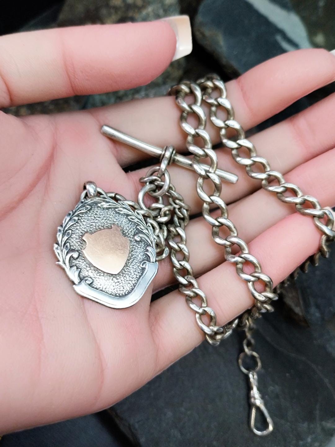 Antique Sterling Silver Albert Watch Chain with T-Bar, Medal Fob and DogClip - 16" - 35.9g