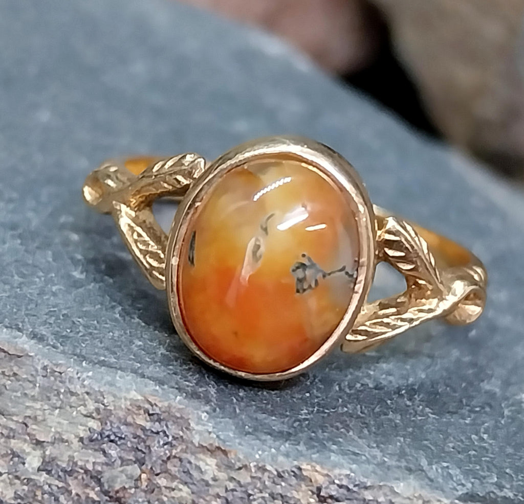 9ct Gold MOSS AGATE Ring - Dendritic - Size uk P (us 7.5) - 3.2g