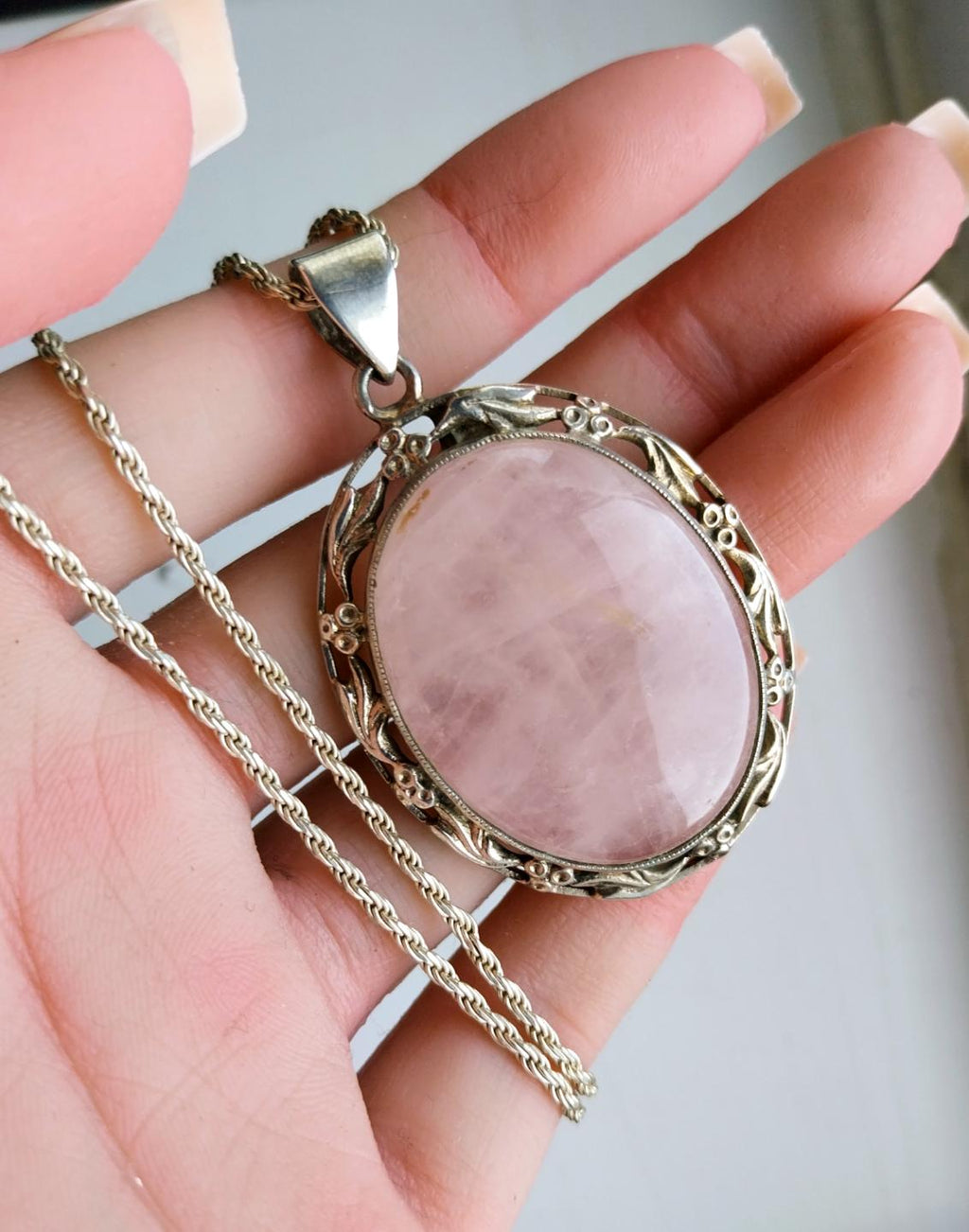 Vtg Large Sterling Silver ROSE QUARTZ  Pendant Necklace on 16" Chain - 21.2g