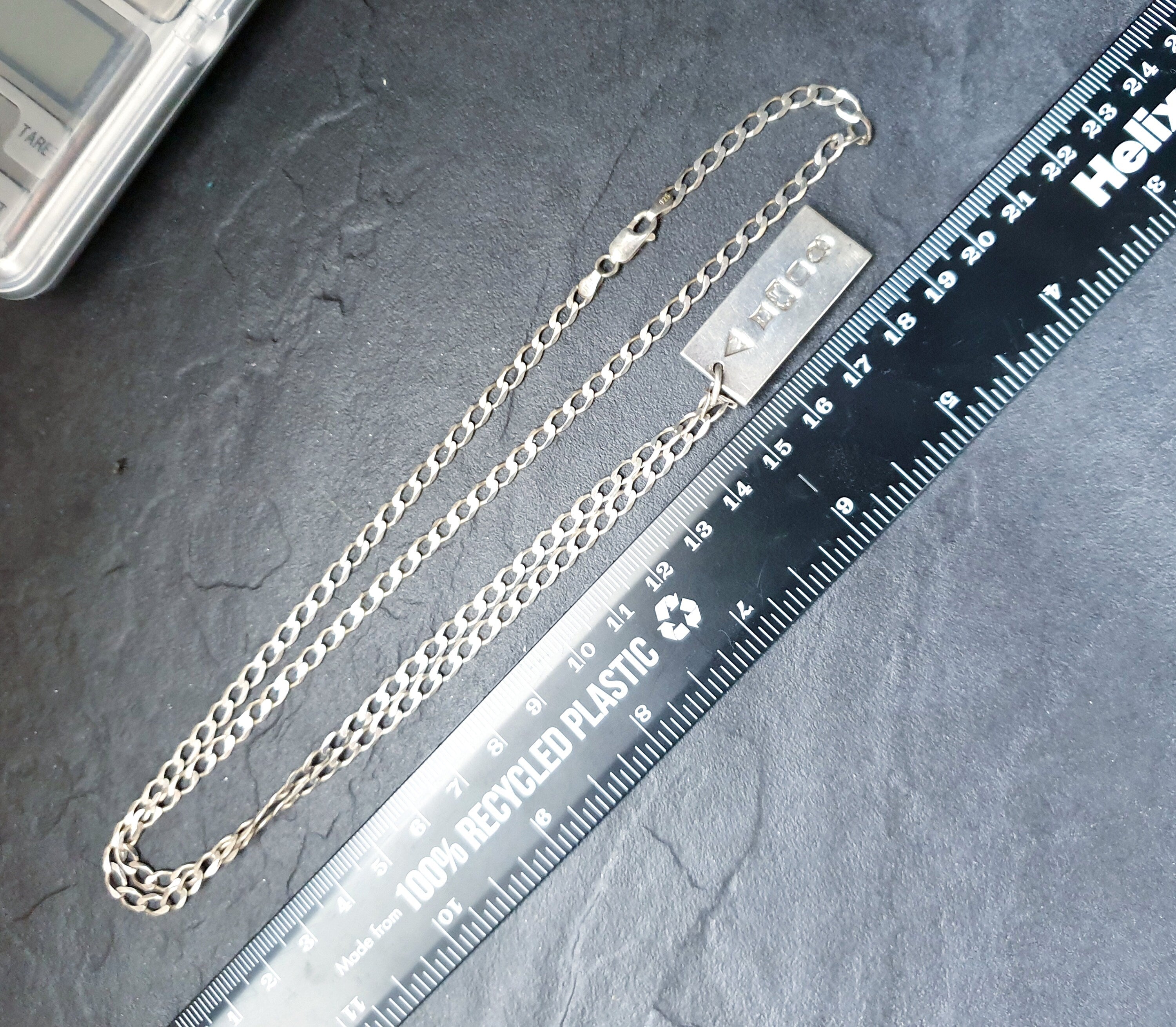 Heavy Silver INGOT PENDANT 1977 on Curb Chain Necklace - 24" Long Fully Hallmarked - 26g