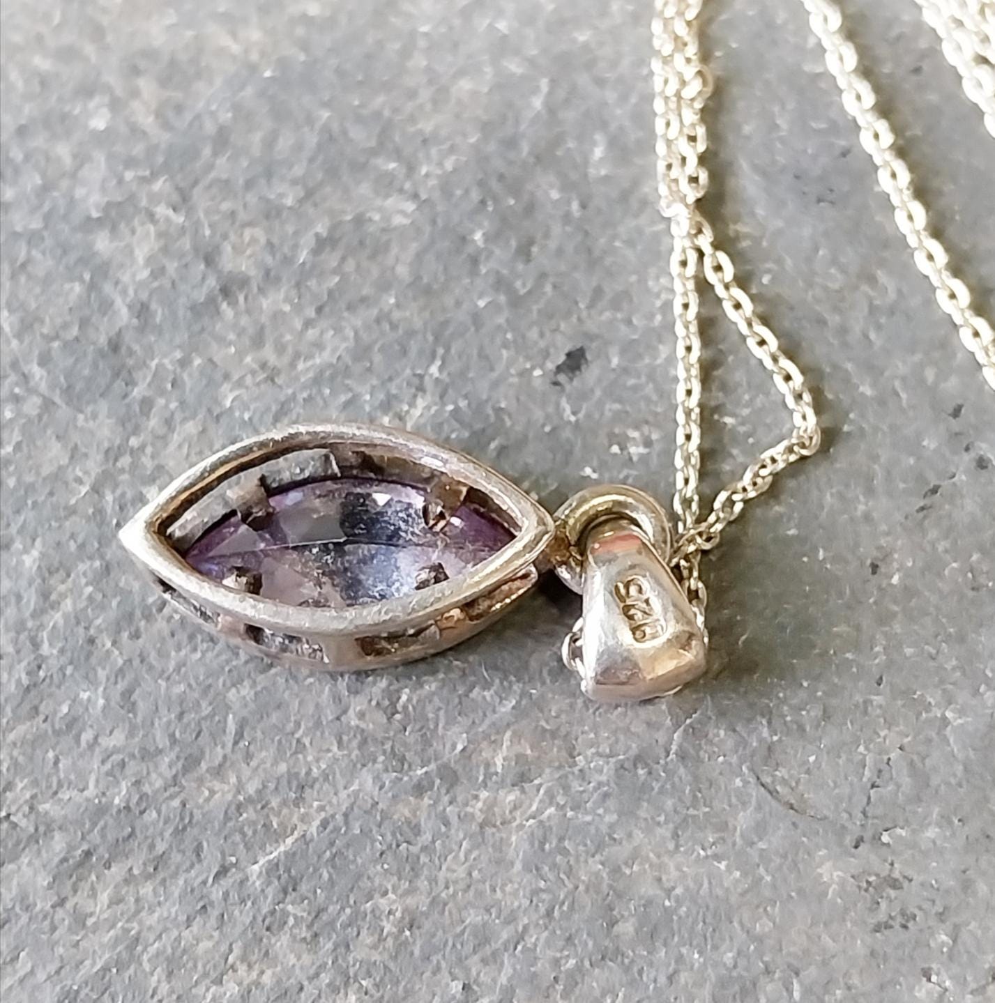 Sterling Silver Amethyst Drop Pendant Necklace  on 18" Chain - 3.5g