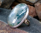 Large Sterling SILVER Moss Agate RING Dendritic Stone - size 0 1/2 (us 7.5) - 12.3g