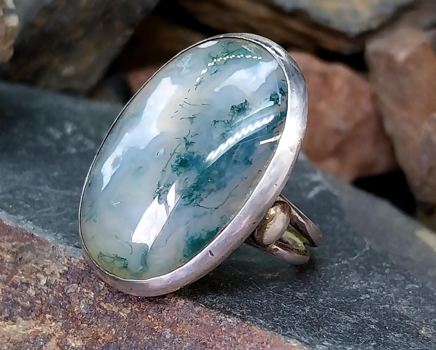 Large Sterling SILVER Moss Agate RING Dendritic Stone - size 0 1/2 (us 7.5) - 12.3g