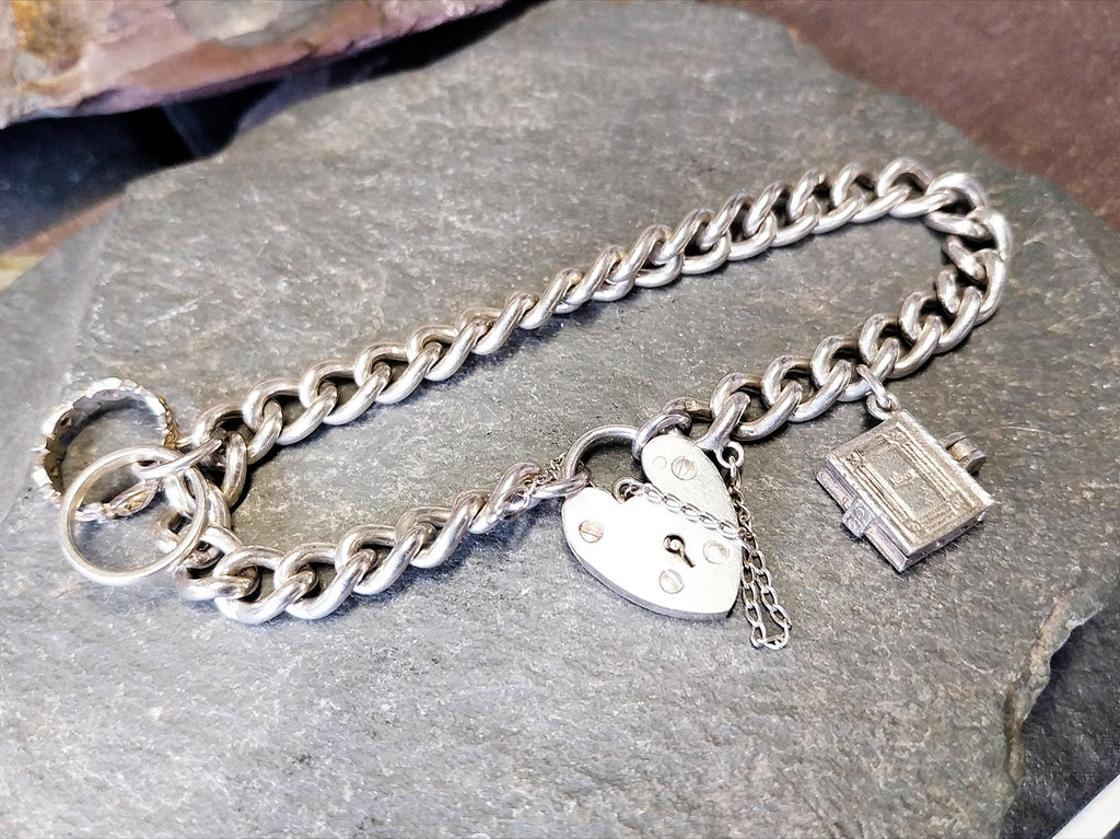 Vintage Silver CHARM BRACELET with Bible and Rings Charms with heart padlock clasp - 27.4g