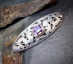 Vintage Sterling Silver BROOCH - Amethyst and shamrocks - 8.6g