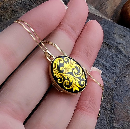 9ct GOLD and BLUE ENAMEL Scroll Locket Necklace & 18" Chain - 2.7g