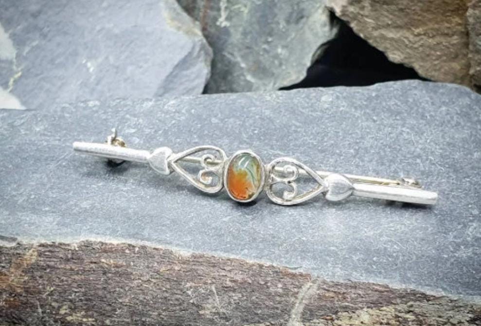 Vintage SILVER Moss Agate Bar Brooch - Sterling Silver - 3g