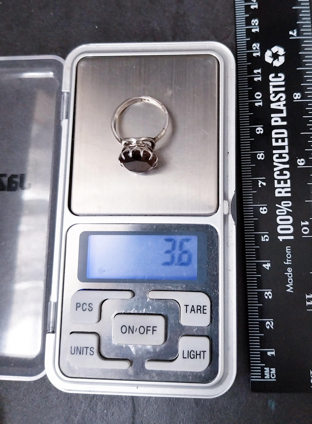 Vintage Sterling SILVER RING with large Smoky Quartz - size O 1/2 (us 7.5) - 3.6g