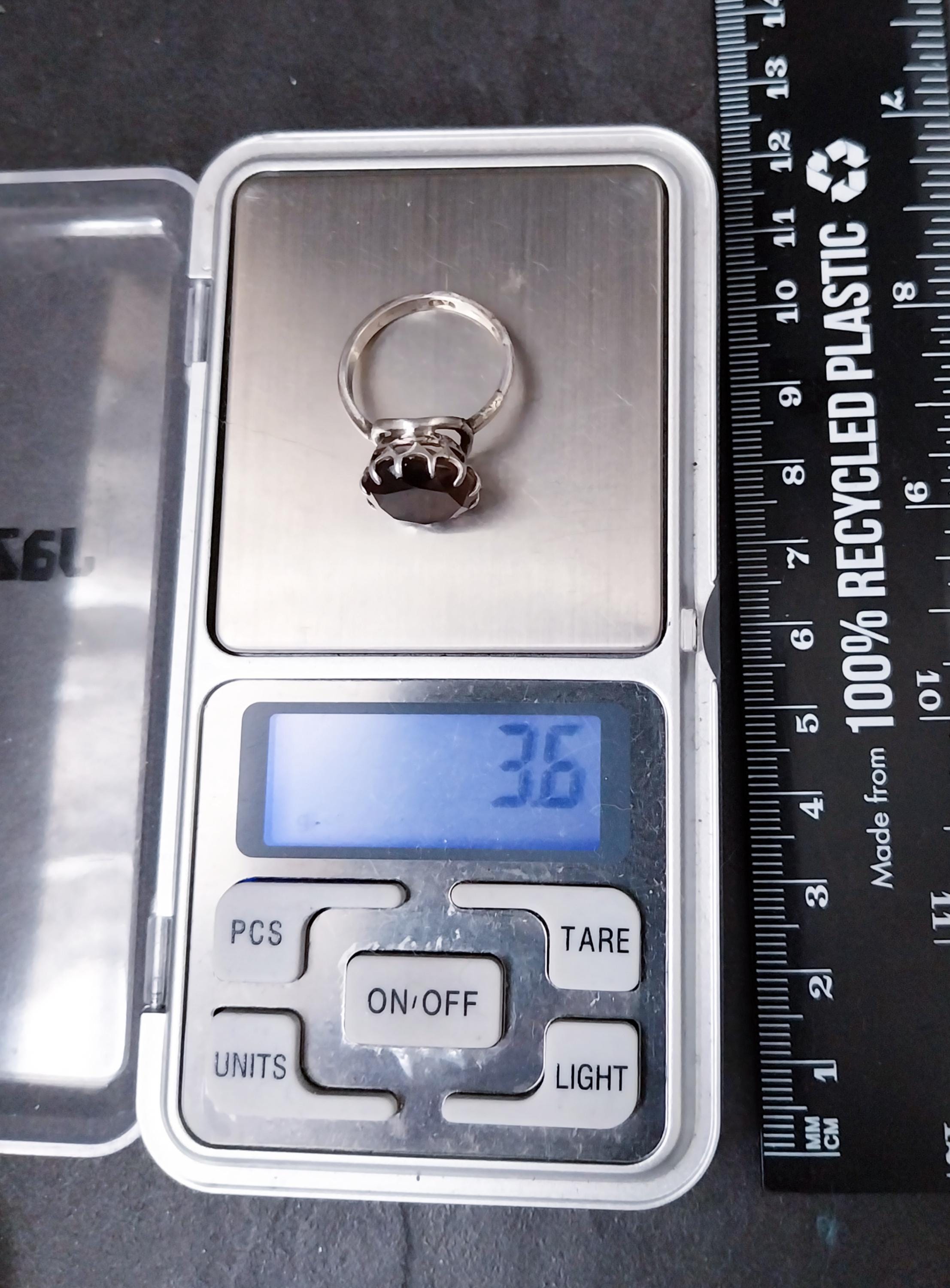 Vintage Sterling SILVER RING with large Smoky Quartz - size O 1/2 (us 7.5) - 3.6g