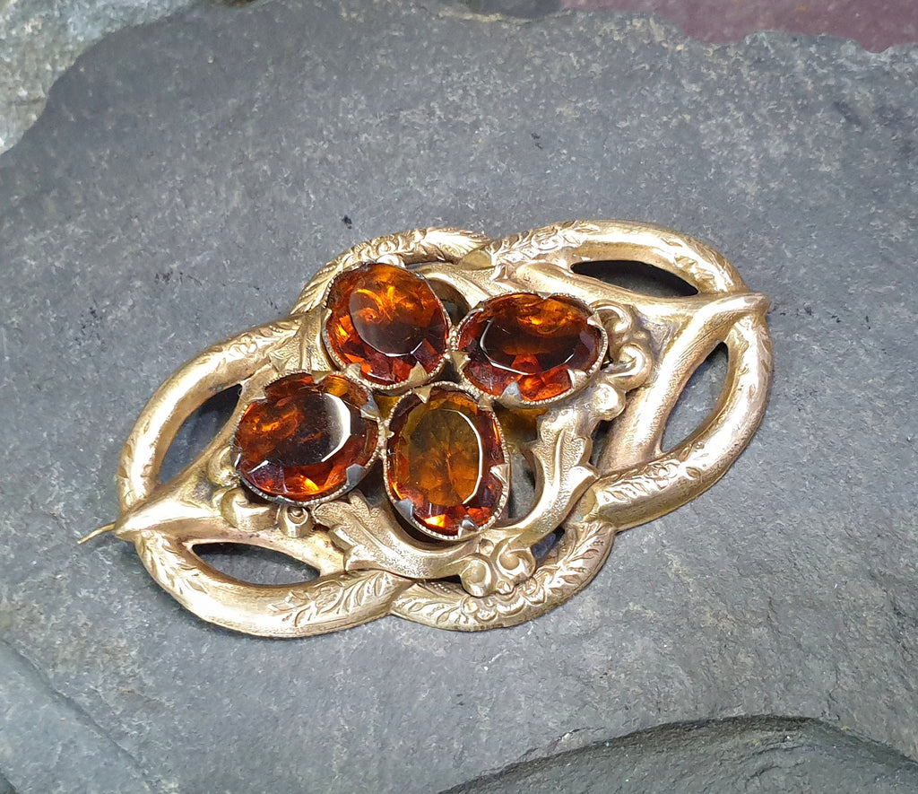 Large Antique VICTORIAN Lovers Knot BROOCH - Brandy Citrine Gemstones 16.7g