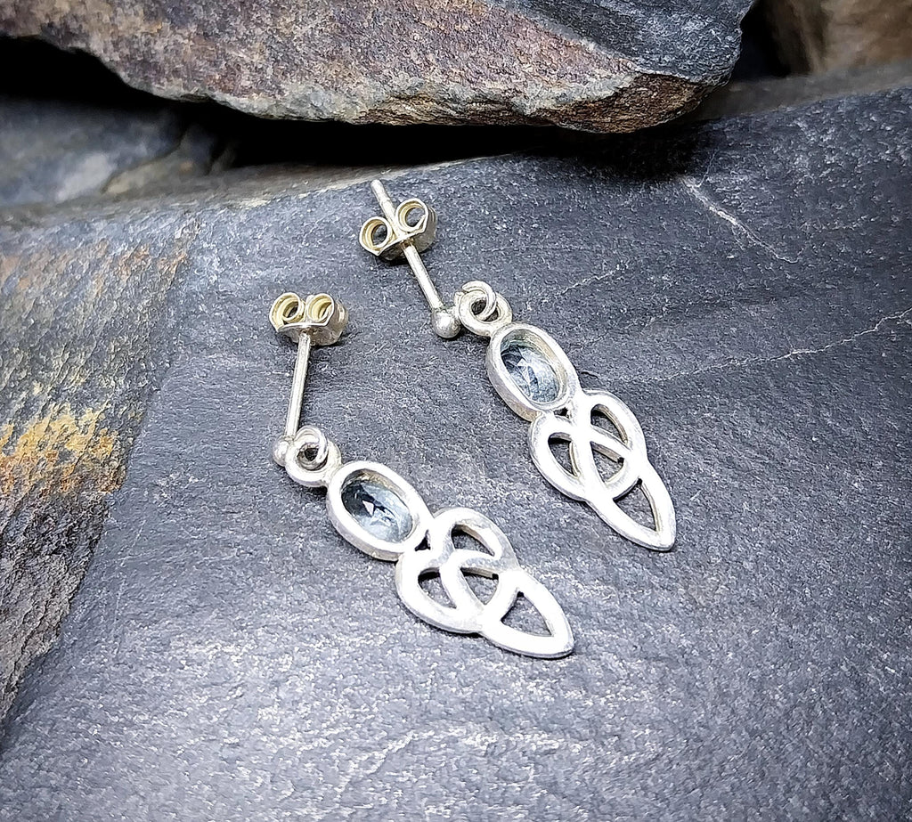 Vintage Sterling Silver Blue Topaz EARRINGS - Celtic Drop Dangling  - 2.7g