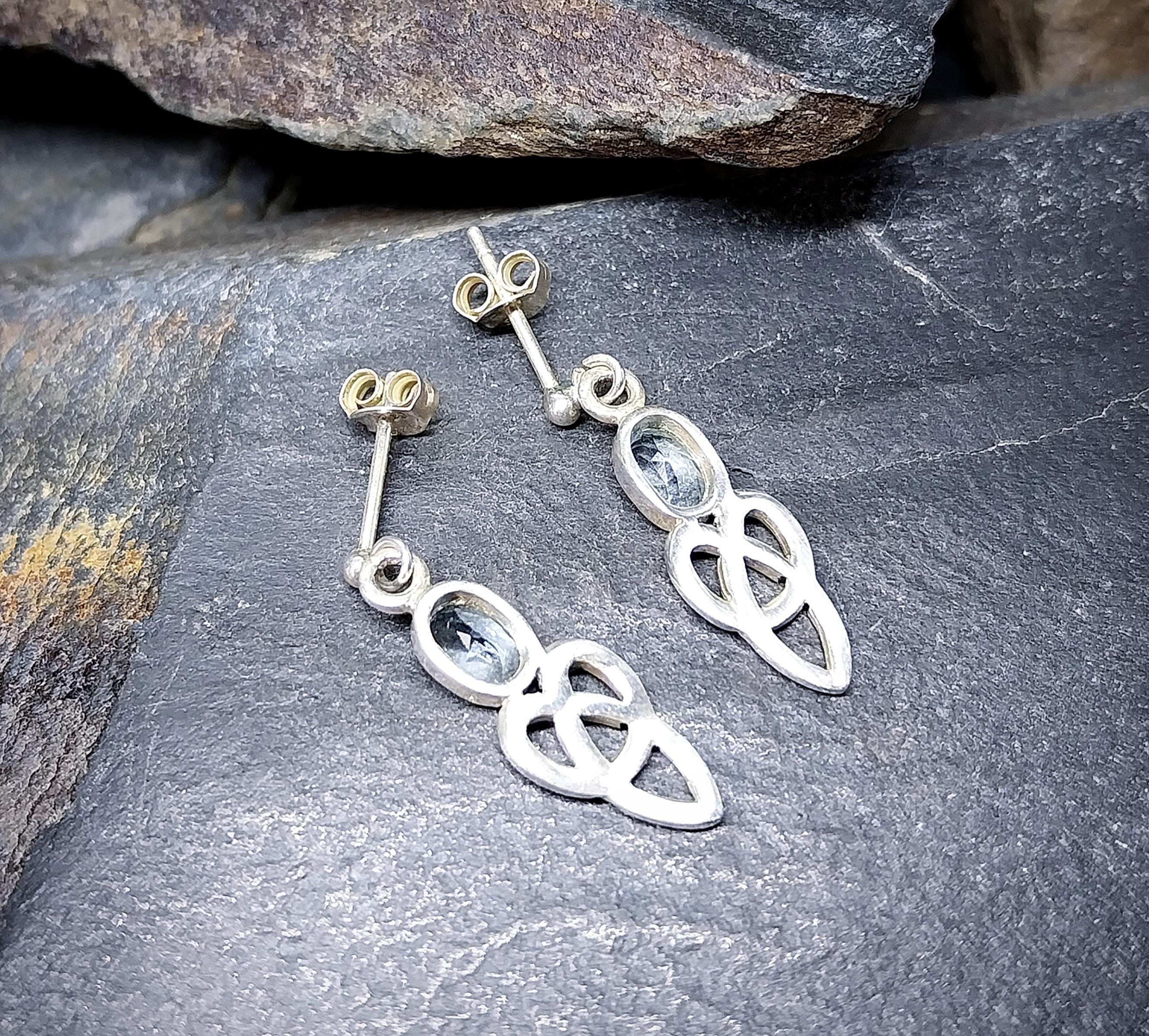 Vintage Sterling Silver Blue Topaz EARRINGS - Celtic Drop Dangling  - 2.7g