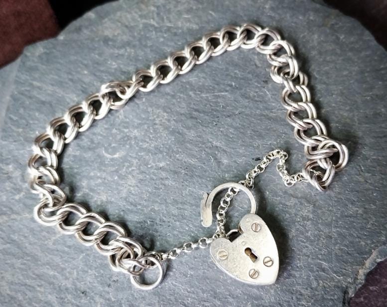 Vintage SILVER Double LINK BRACELET with Padlock Lock Clasp c 1980 - 17cm - 13.7g