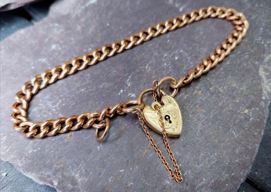 Georg Jensen 9ct Rose GOLD Bracelet & Engraved Heart Padlock Clasp c1966 - 19.4g