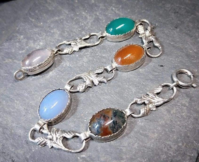Vintage STERLING SILVER Agate and Thistle Bracelet - 20cm - 11.3g