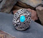 Sterling Silver TURQUOISE RING with dragonflies -  uk size N  (us 7) - 10.3g