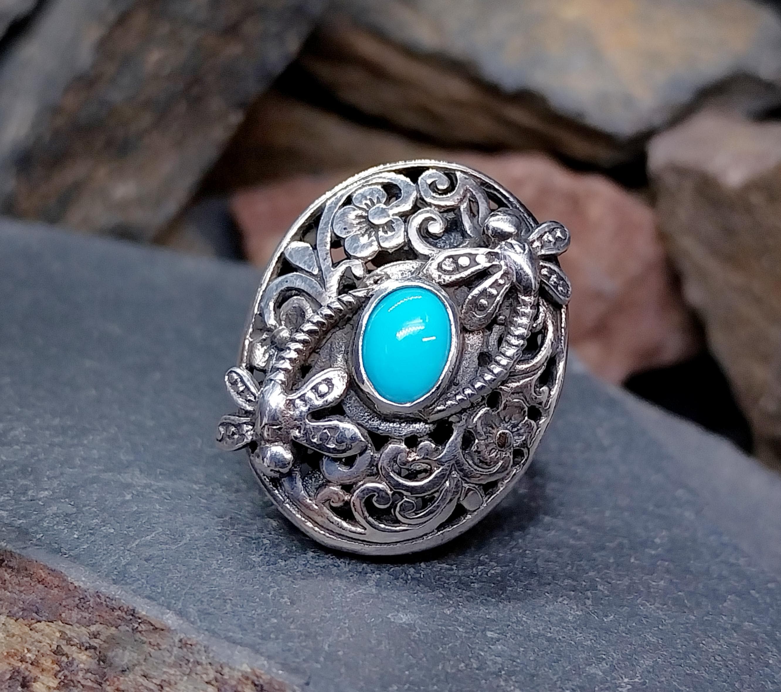 Sterling Silver TURQUOISE RING with dragonflies -  uk size N  (us 7) - 10.3g