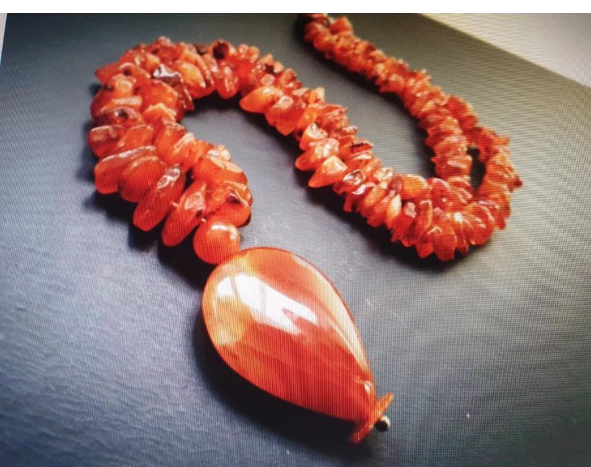 Vintage Large Carnelian Drop Necklace - Long 24" - with Sterling Silver Clasp