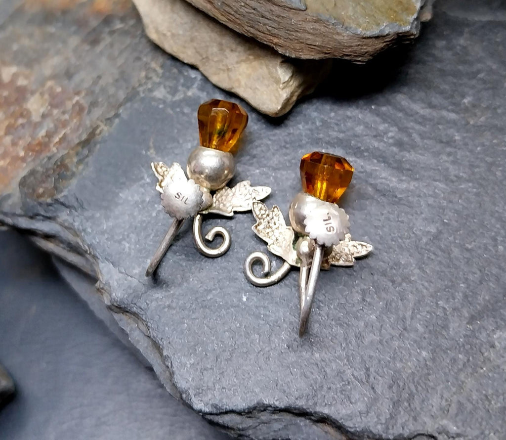 Antique Sterling Silver Carnelian Thistle Earrings - Screw Backs - 3.4g