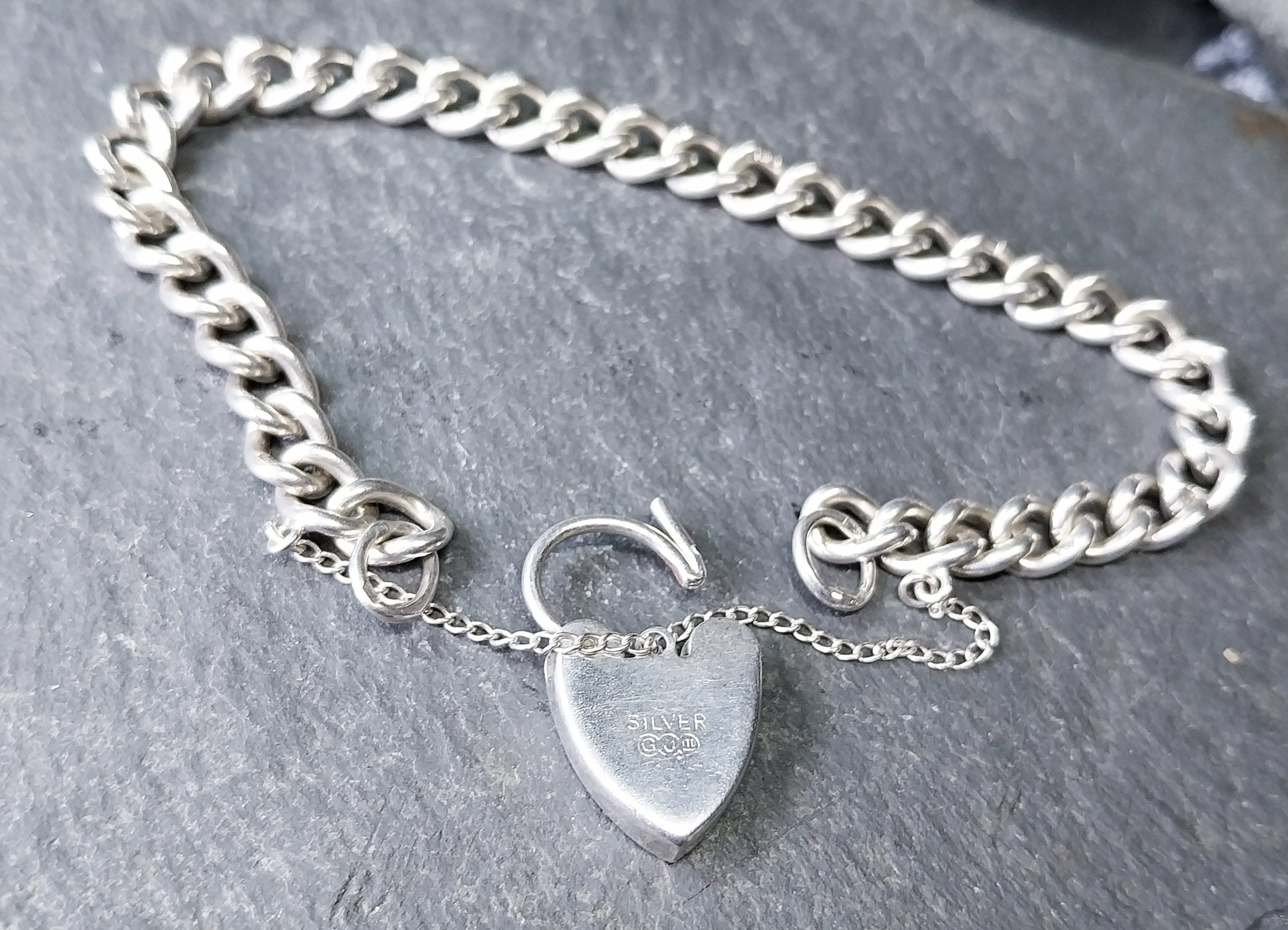 GEORG JENSEN Silver Link Bracelet with Heart Clasp Padlock - 17.9g