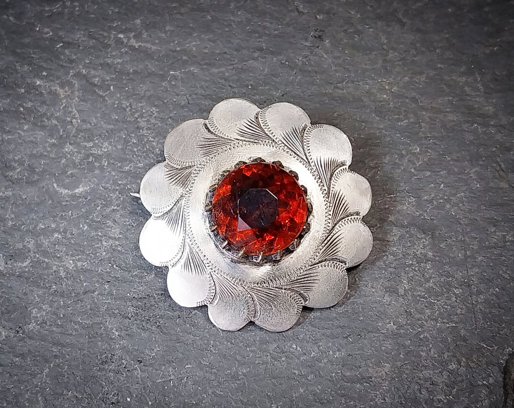 Antique Scalloped Citrine Brooch - Low Grade Silver - 7.4g