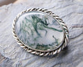 Vintage Silver Natural Green Moss Agate Brooch - 8.8g